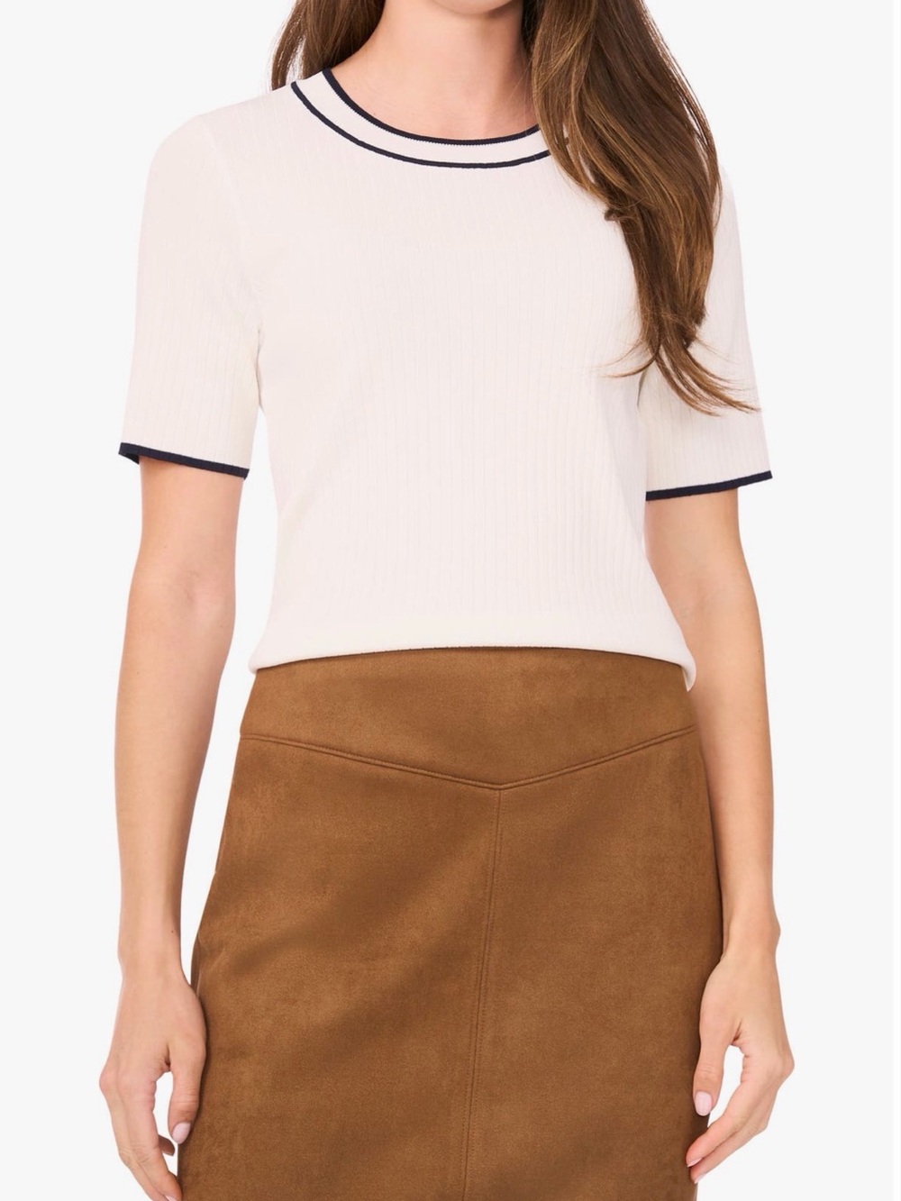Nordstrom Halogen Tipped Short Sleeve Crewneck Sweater, cream/navy, XL